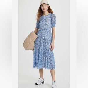 NWT BAUM UND PFERDGARTEN Jocelyn Puff Sleeve Midi Tiered Mesh Dress Blue Leopard